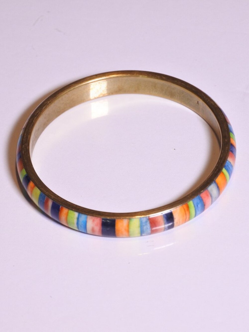 Vintage Rainbow Striped Brass Bangle Inlaid Bohemian Bracelet